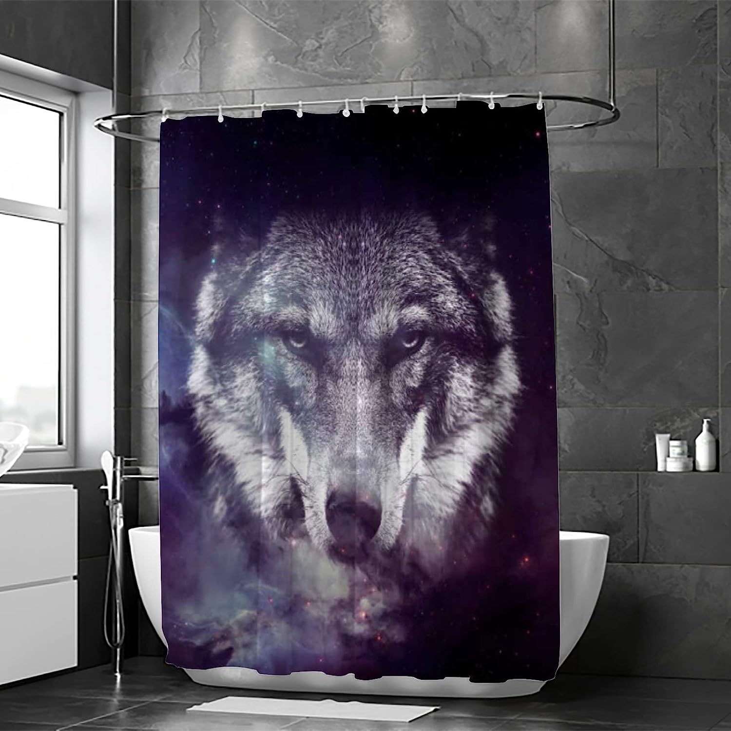 Galaxy Wolf Bathroom Decor Shower Curtain, RASHU Waterproof Fabric Bath Curtain Set