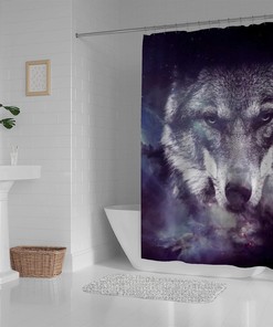 Galaxy Wolf Bathroom Decor Shower Curtain, RASHU Waterproof Fabric Bath Curtain Set