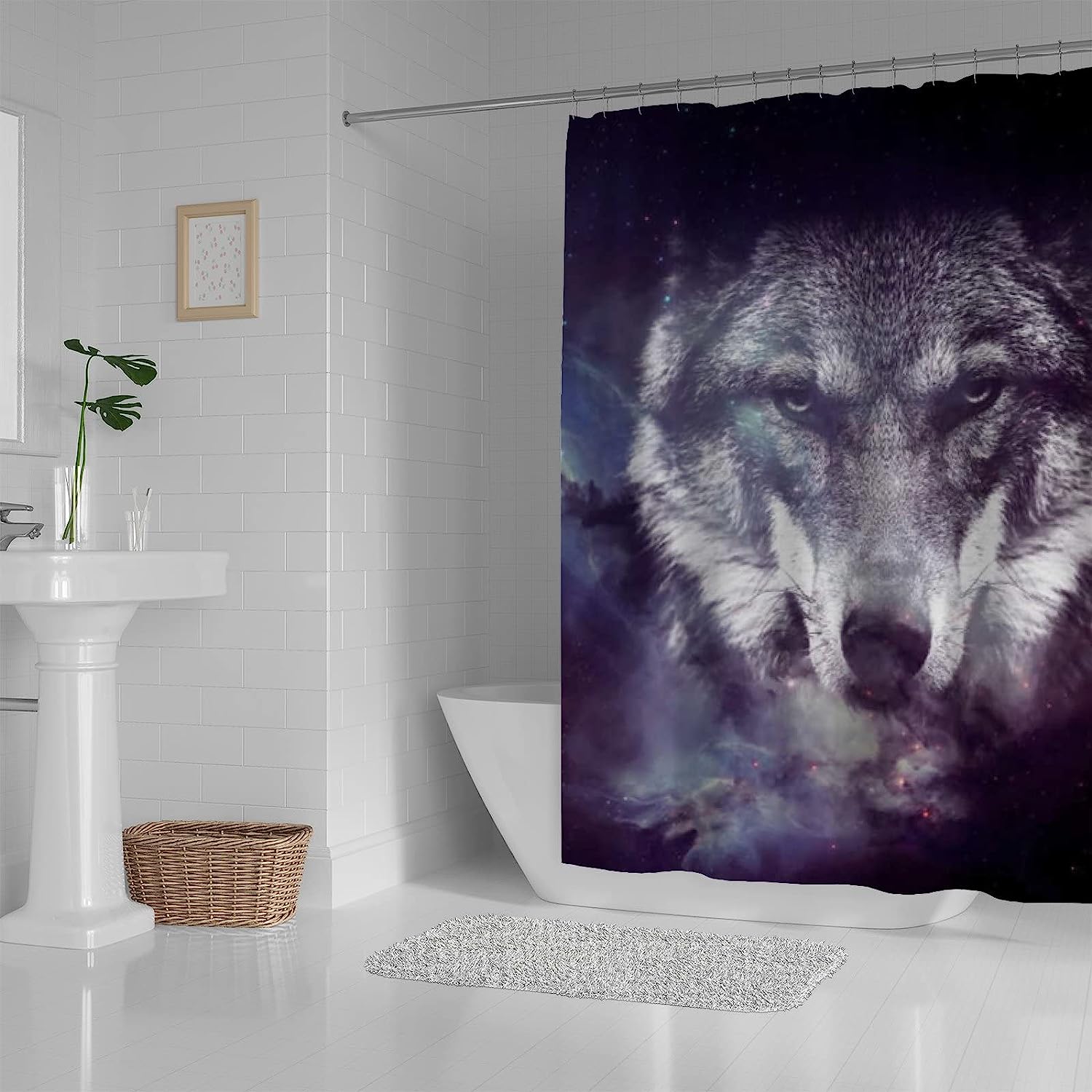 Galaxy Wolf Bathroom Decor Shower Curtain, RASHU Waterproof Fabric Bath Curtain Set