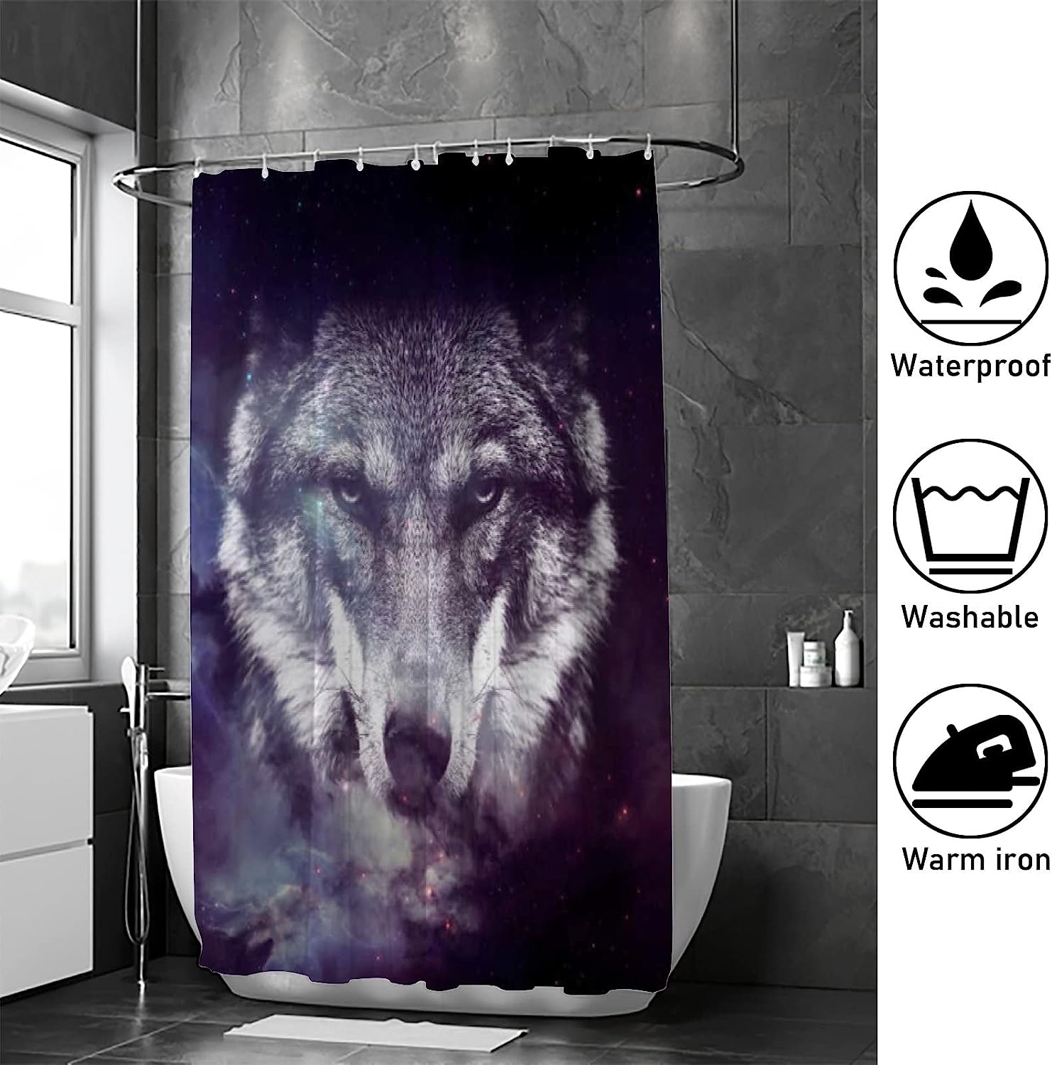 Galaxy Wolf Bathroom Decor Shower Curtain, RASHU Waterproof Fabric Bath Curtain Set