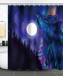 Galaxy Wolf Northern Lights Shower Curtain | Howling Wolf Spirit Aurora Borealis Kids Bathroom Decor