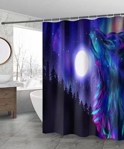 Galaxy Wolf Northern Lights Shower Curtain | Howling Wolf Spirit Aurora Borealis Kids Bathroom Decor