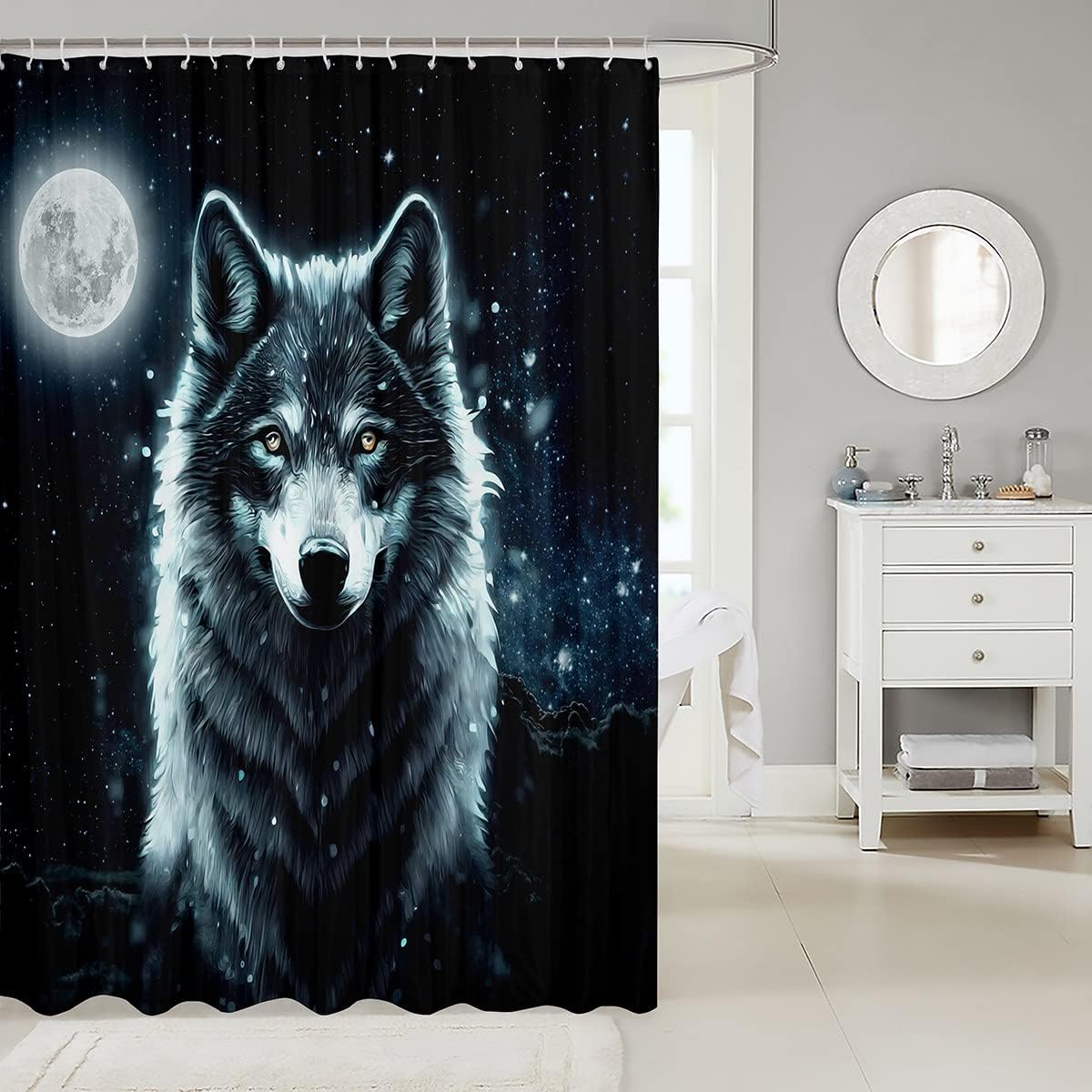 Galaxy Wolf Starry Sky Moon Shower Curtain for Kid Boys Teen Room Decor