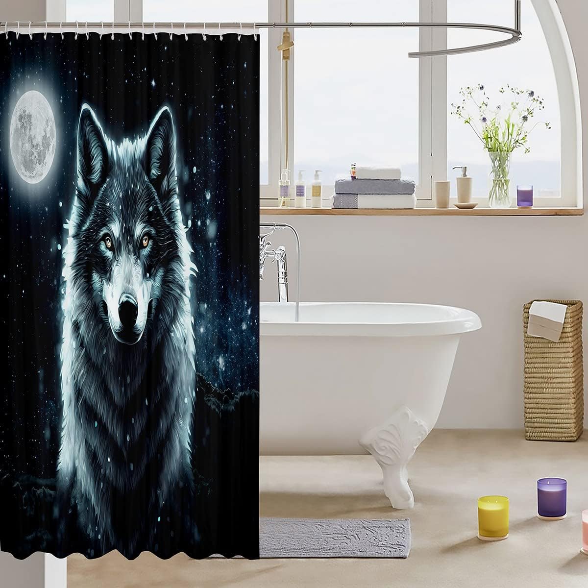 Galaxy Wolf Starry Sky Moon Shower Curtain for Kid Boys Teen Room Decor