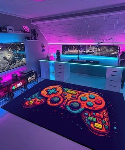 Game Room Carpet with Controller Design - Personalized Large Game Rug for Teen Boys - Vintage Style Game Room Decor M29