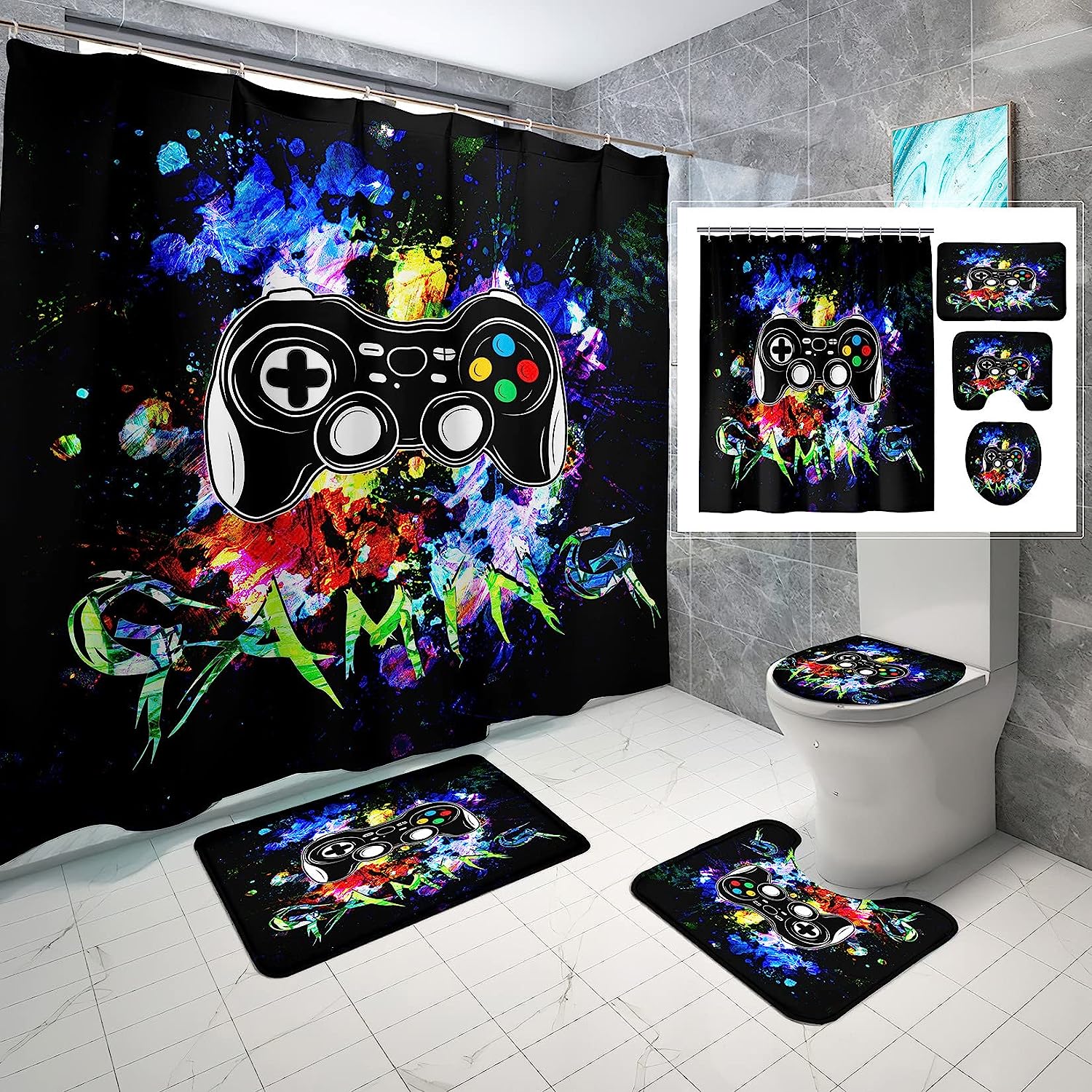 Game Theme Shower Curtain, Soft Cool Gamepad Design Bathroom Curtain with VIPIC Gaming Keyword