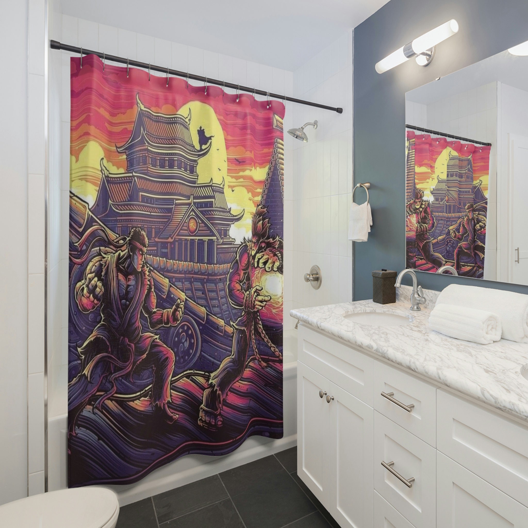 Game-Themed Shower Curtain With Fighting Characters - Perfect Addition To Kids Bathroom Shower Curtain