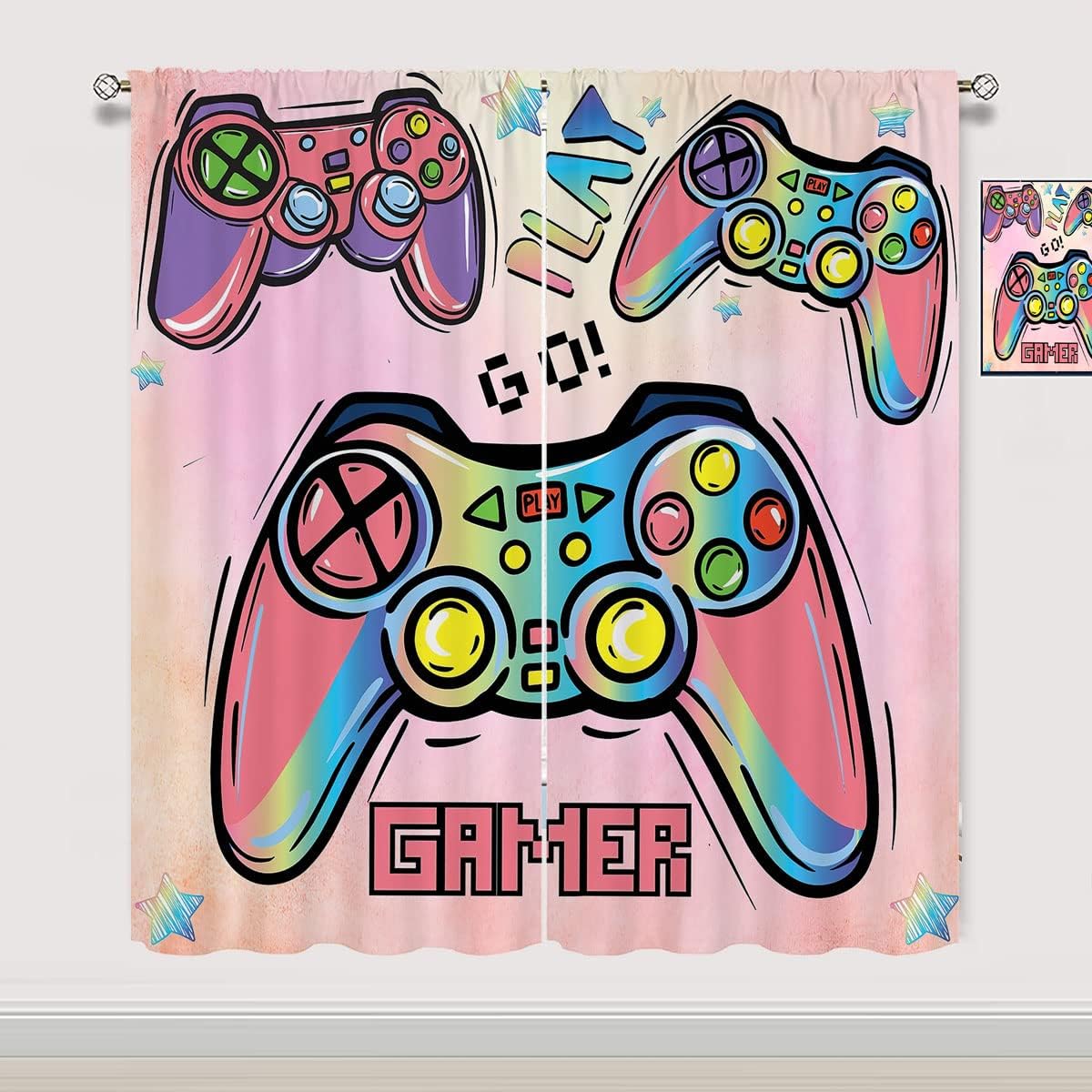 Gamepad Print Pattern Rod Pocket Curtains For Teen Bedroom
