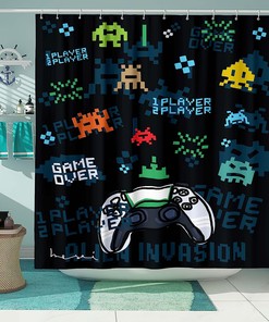 Gamepad Privacy Shower Curtain, Waterproof Fabric Shower Curtain for Bathroom with Black Background 