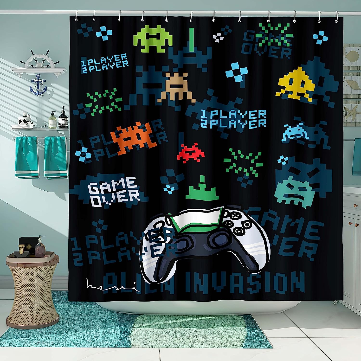 Gamepad Privacy Shower Curtain, Waterproof Fabric Shower Curtain for Bathroom with Black Background