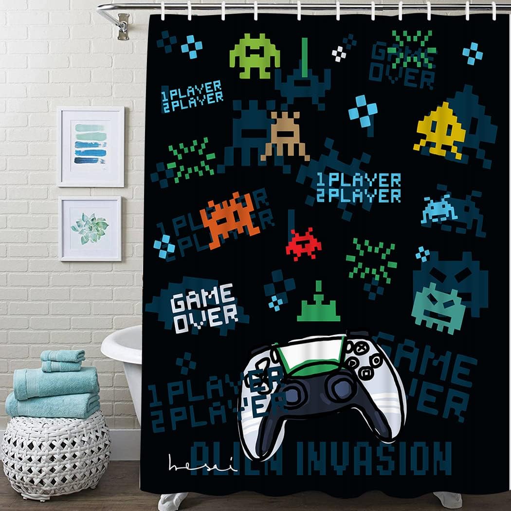 Gamepad Privacy Shower Curtain, Waterproof Fabric Shower Curtain for Bathroom with Black Background