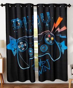 Gamer Curtains For Boys Bedroom With Video Games Window Treatment Drapes, Black And Blue Grommet Curtains For Home Decor