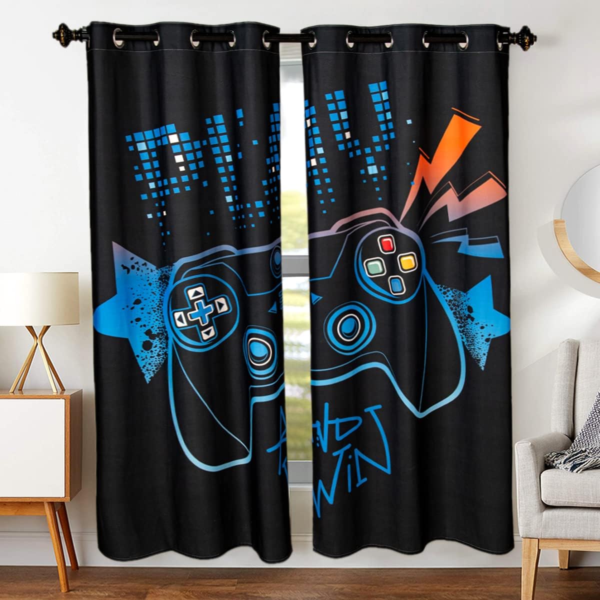 Gamer Curtains For Boys Bedroom With Video Games Window Treatment Drapes, Black And Blue Grommet Curtains For Home Decor