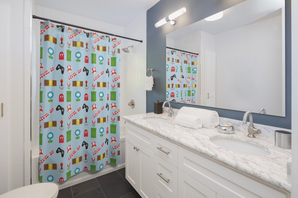 Gamer Shower Curtain Gift For Kids - Mushroom Controllers Warp Tunnels Pattern