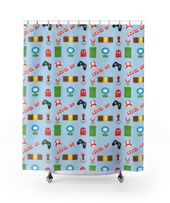 Gamer Shower Curtain Gift For Kids - Mushroom Controllers Warp Tunnels Pattern