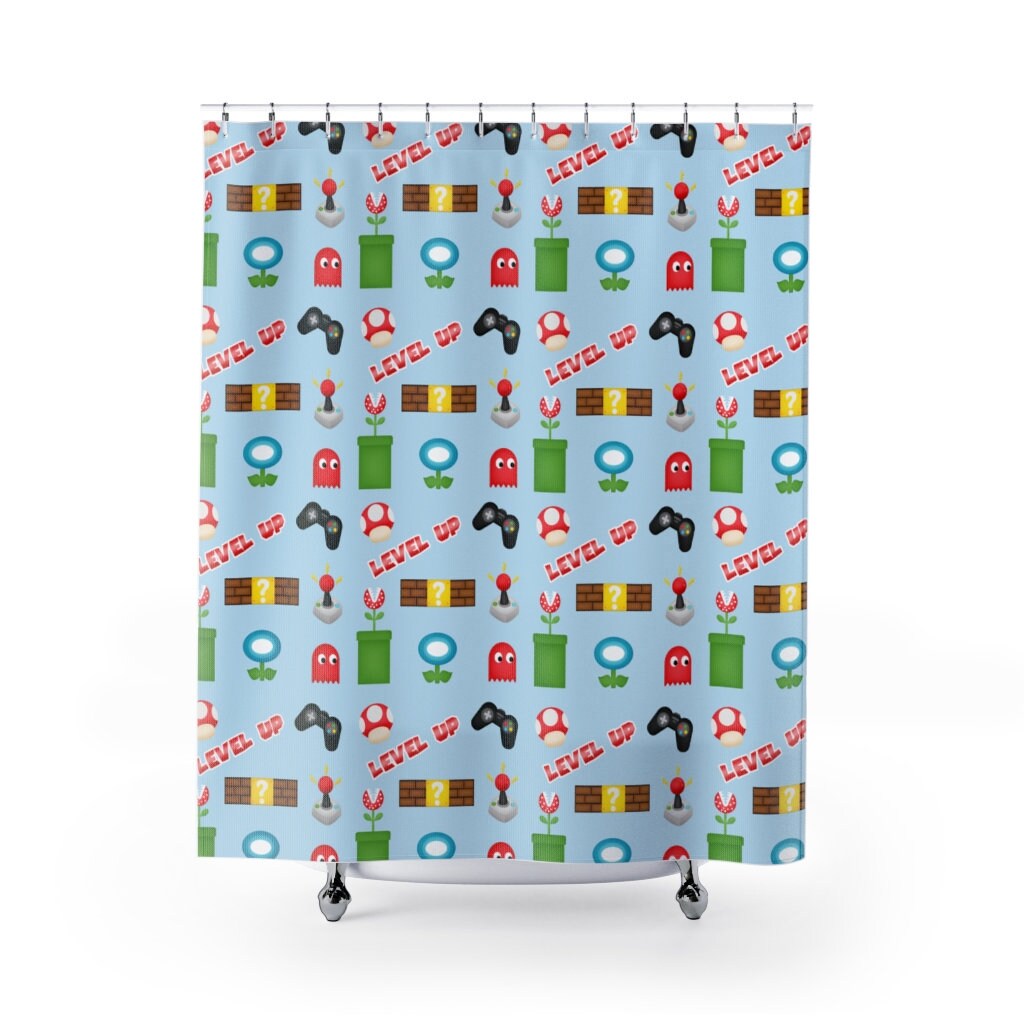 Gamer Shower Curtain Gift For Kids - Mushroom Controllers Warp Tunnels Pattern