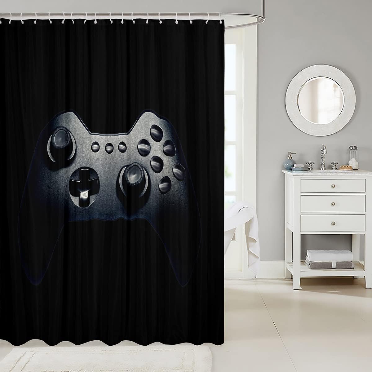 Gaming Bath Curtain With Black And Grey Colors For Teenagers And Kids.