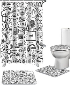 Gaming Fun Grey Video Games Bathroom With Large Bathtub Floor Runner