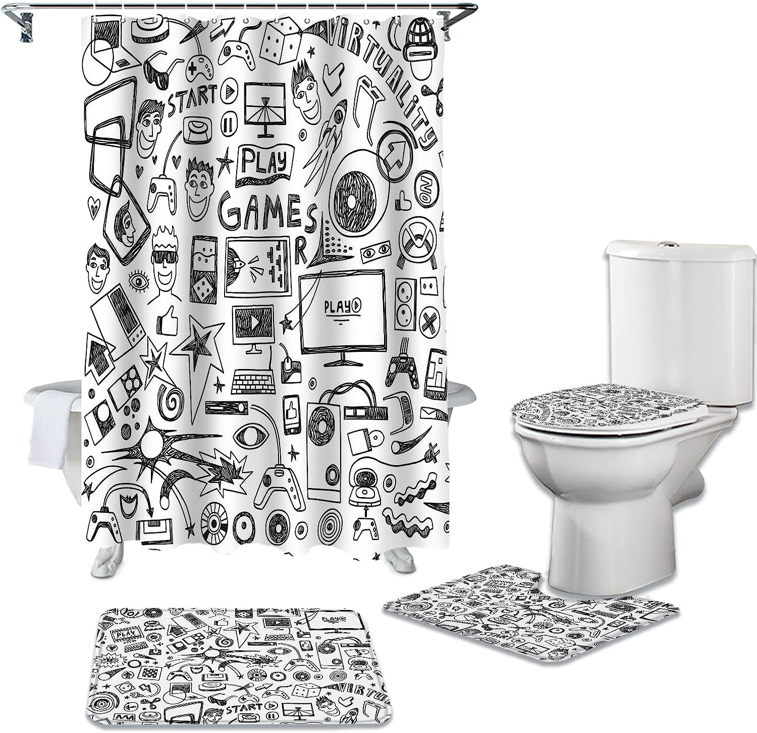Gaming Fun Grey Video Games Bathroom With Large Bathtub Floor Runner