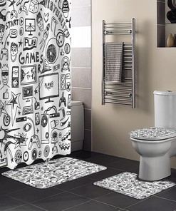 Gaming Fun Grey Video Games Bathroom With Large Bathtub Floor Runner