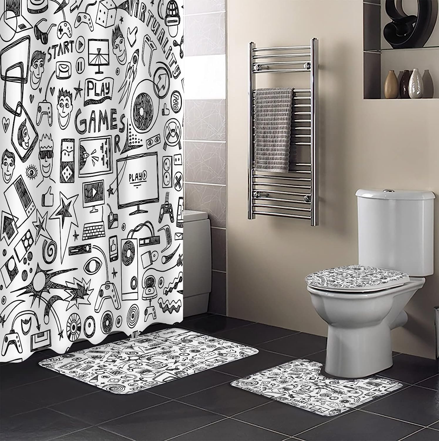 Gaming Fun Grey Video Games Bathroom With Large Bathtub Floor Runner