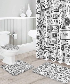Gaming Fun Grey Video Games Bathroom With Large Bathtub Floor Runner