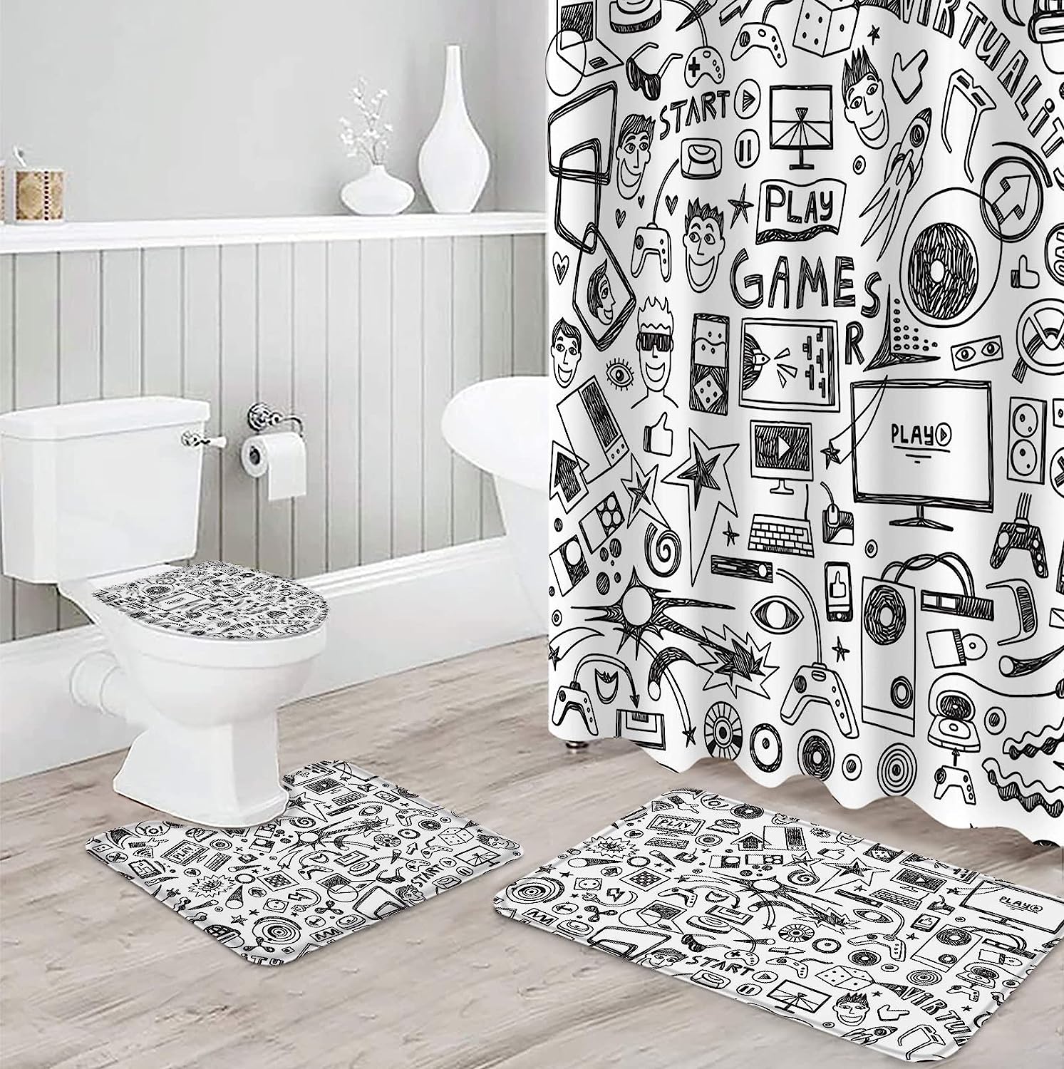 Gaming Fun Grey Video Games Bathroom With Large Bathtub Floor Runner