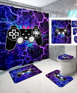 Gaming Shower Curtain For Boys Bathroom Decor, Purple Lightning Gamepad Bath Curtain With Blue Washable Paint