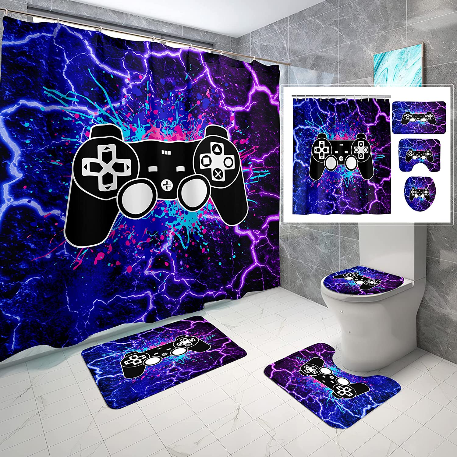 Gaming Shower Curtain For Boys Bathroom Decor, Purple Lightning Gamepad Bath Curtain With Blue Washable Paint
