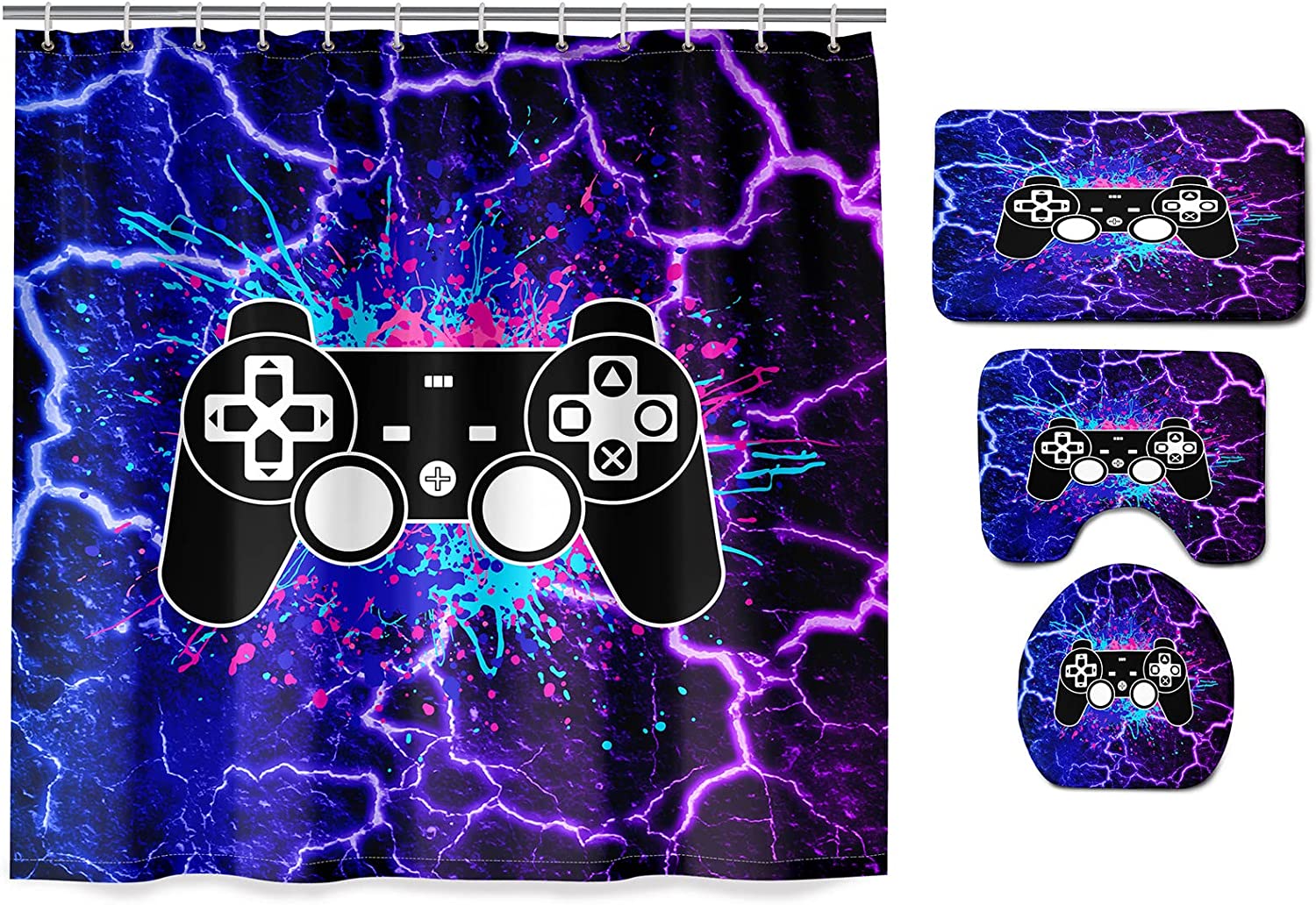 Gaming Shower Curtain For Boys Bathroom Decor, Purple Lightning Gamepad Bath Curtain With Blue Washable Paint - Image 2