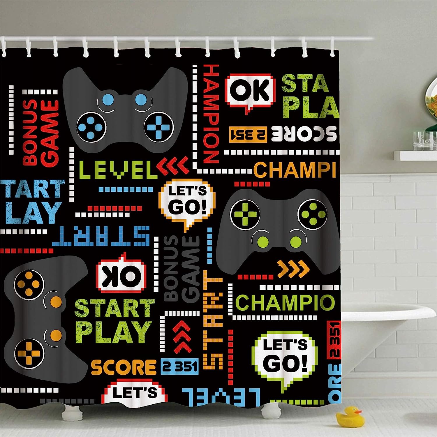 Gaming Shower Curtain, Modern Video Game Waterproof Fabric Bathroom Decor