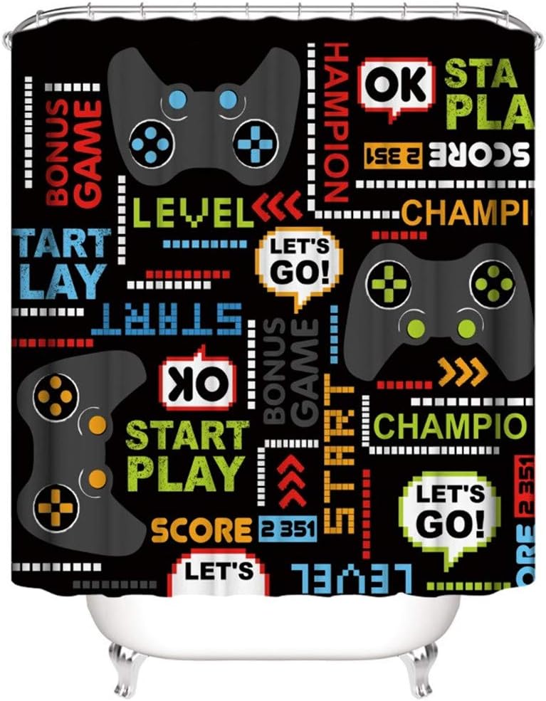 Gaming Shower Curtain, Modern Video Game Waterproof Fabric Bathroom Decor