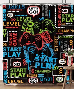 Gaming Shower Curtain Video Games Controller Teens Kids Boys Bathroom Home Decor