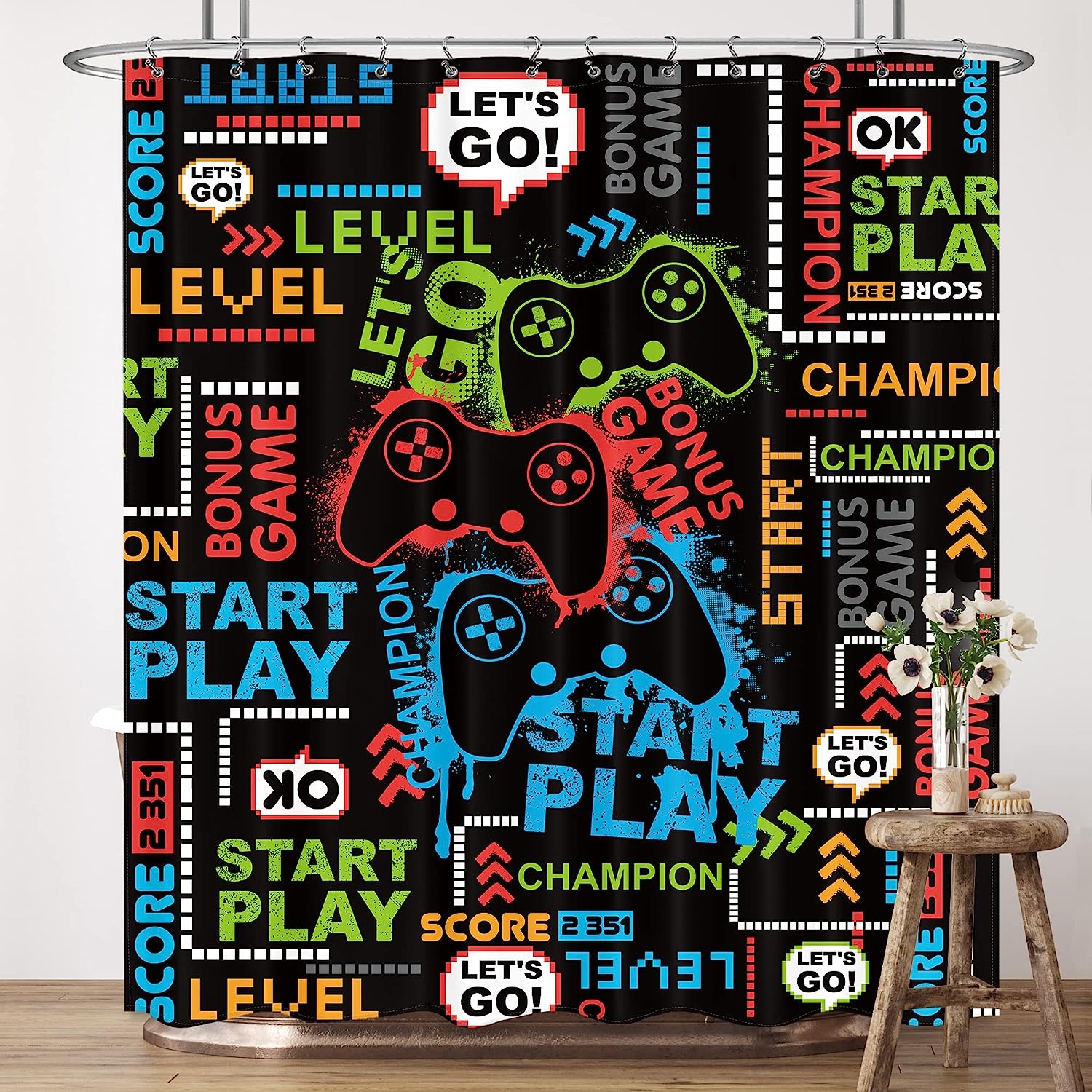 Gaming Shower Curtain Video Games Controller Teens Kids Boys Bathroom Home Decor