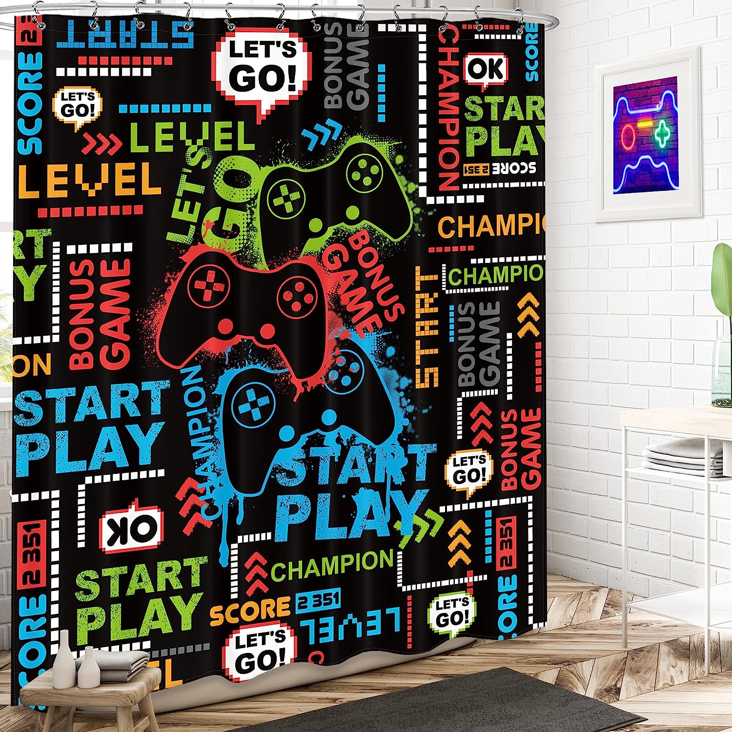 Gaming Shower Curtain Video Games Controller Teens Kids Boys Bathroom Home Decor