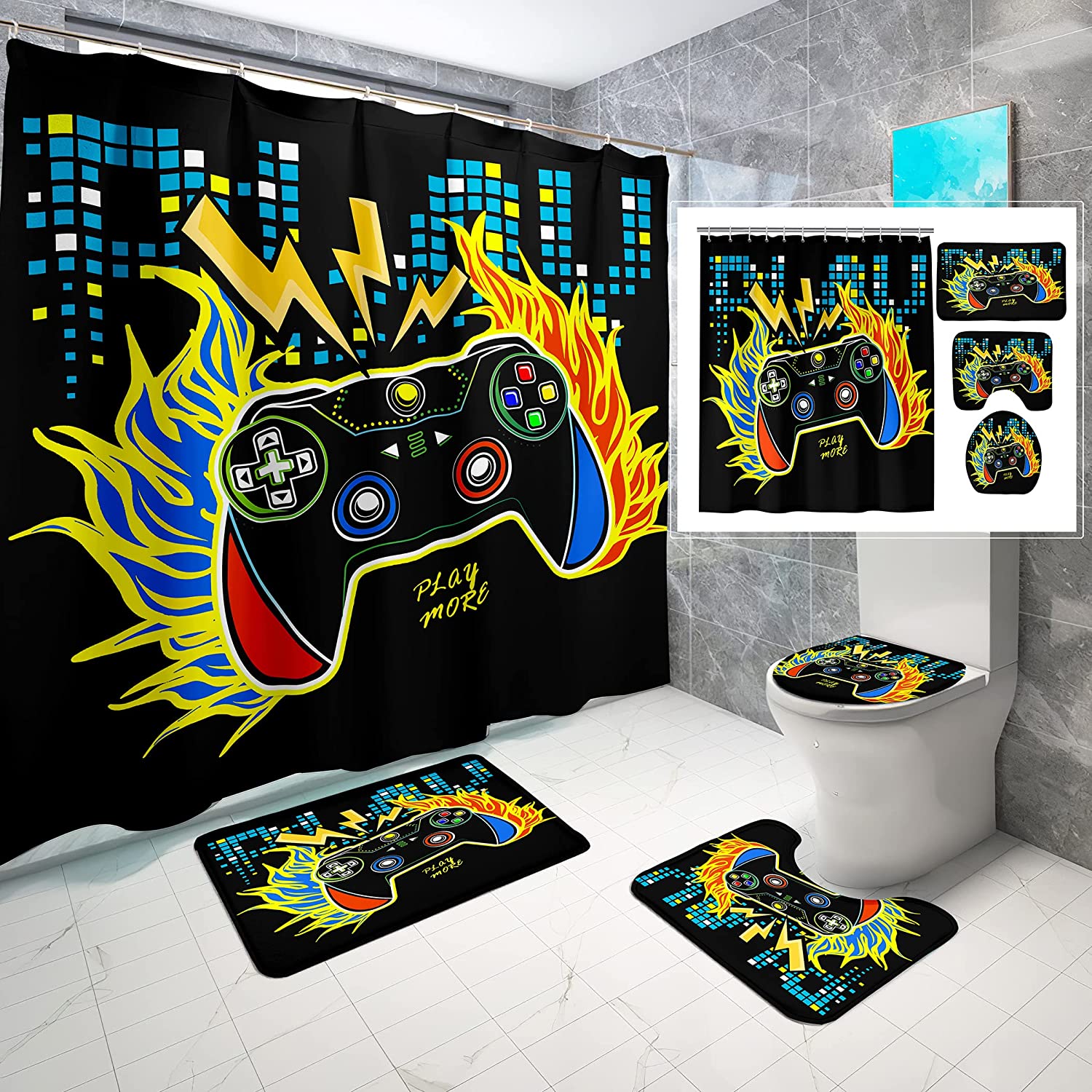 Gaming Shower Curtain With Gamer Controller - Cool Bathroom Decor For Boys