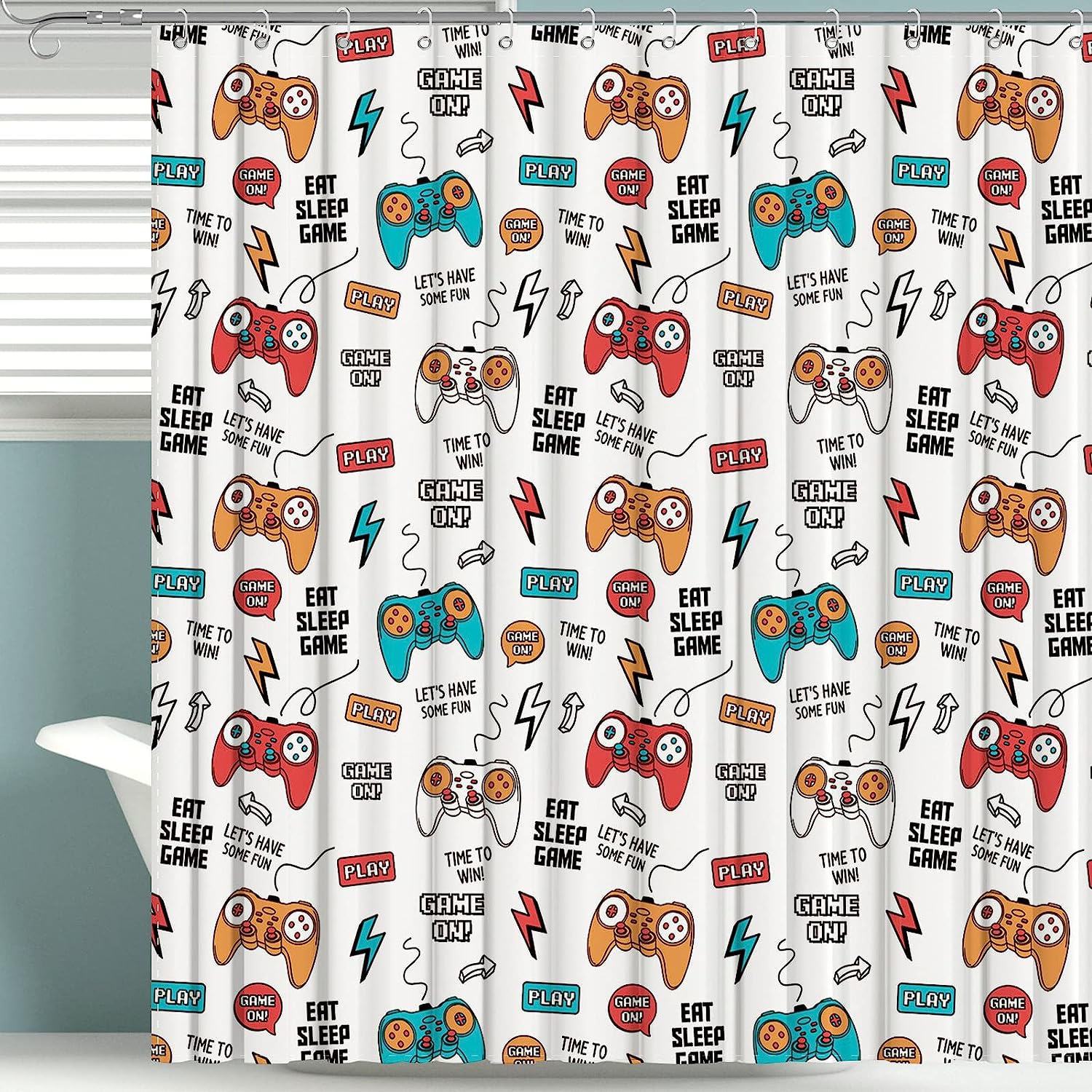 Gaming Shower Curtain for Kids Boys Girls Teens Bathroom Decor with Games Theme