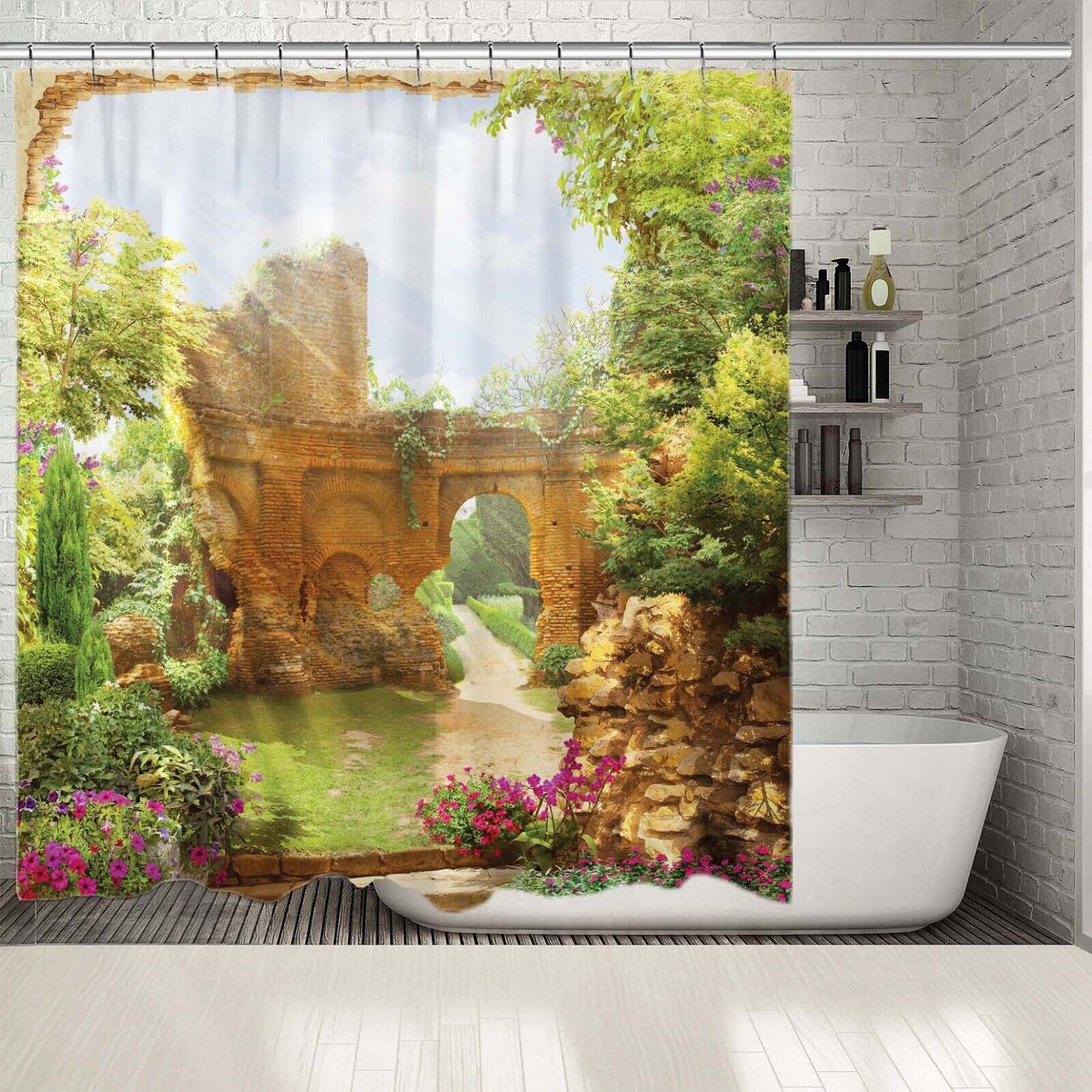Garden Bushes Ancient Balcony View Shower Curtain For Bathroom Decor - Image 2