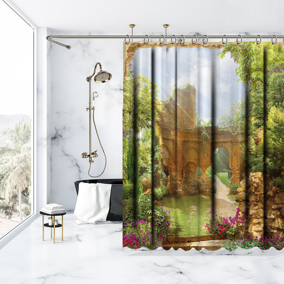 Garden Bushes Ancient Balcony View Shower Curtain For Bathroom Decor - Image 3