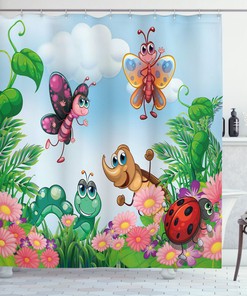 Garden Butterfly And Ladybug Print Shower Curtain For Kids Bathroom