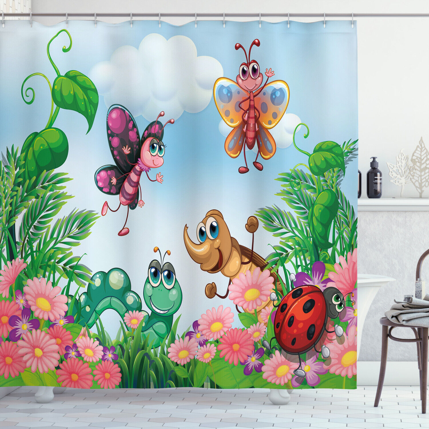 Garden Butterfly And Ladybug Print Shower Curtain For Kids Bathroom