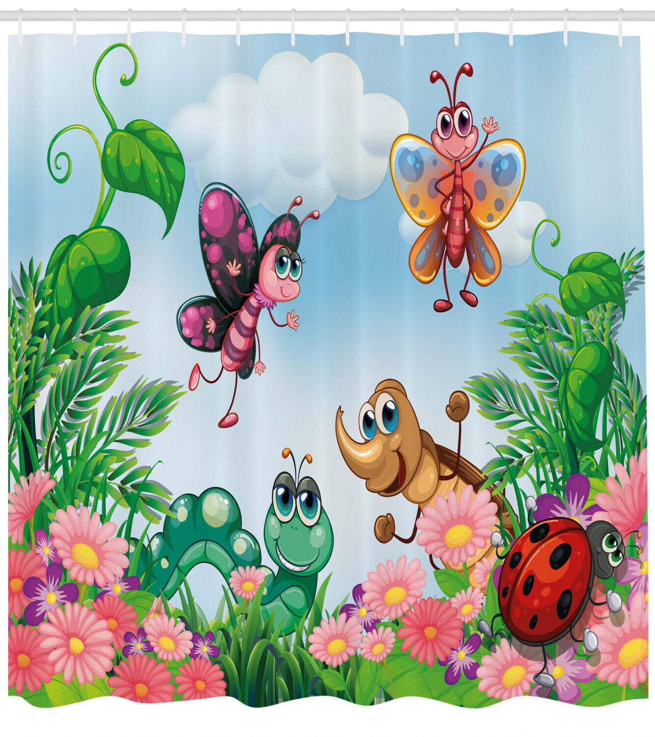 Garden Butterfly And Ladybug Print Shower Curtain For Kids Bathroom