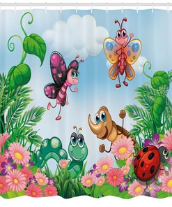Garden Butterfly And Ladybug Print Shower Curtain For Kids Bathroom