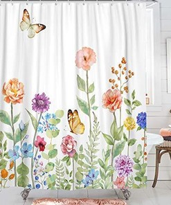 Garden Butterfly and Floral Shower Curtain, Romantic Bathroom Decor with Flowery Print 
