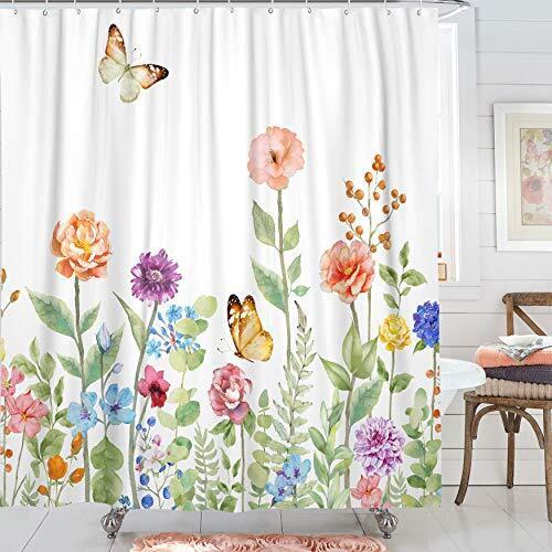 Garden Butterfly and Floral Shower Curtain, Romantic Bathroom Decor with Flowery Print