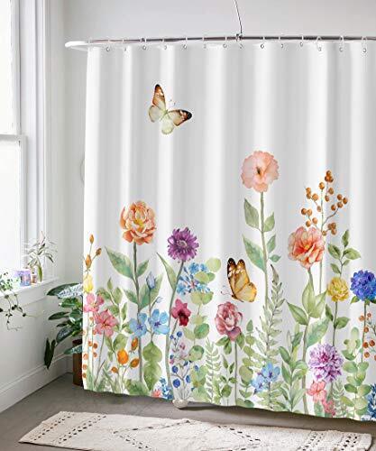 Garden Butterfly and Floral Shower Curtain, Romantic Bathroom Decor with Flowery Print