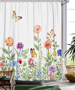 Garden Butterfly and Floral Shower Curtain, Romantic Bathroom Decor with Flowery Print