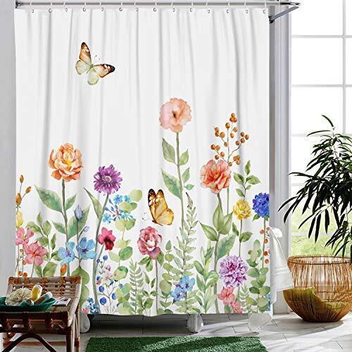 Garden Butterfly and Floral Shower Curtain, Romantic Bathroom Decor with Flowery Print