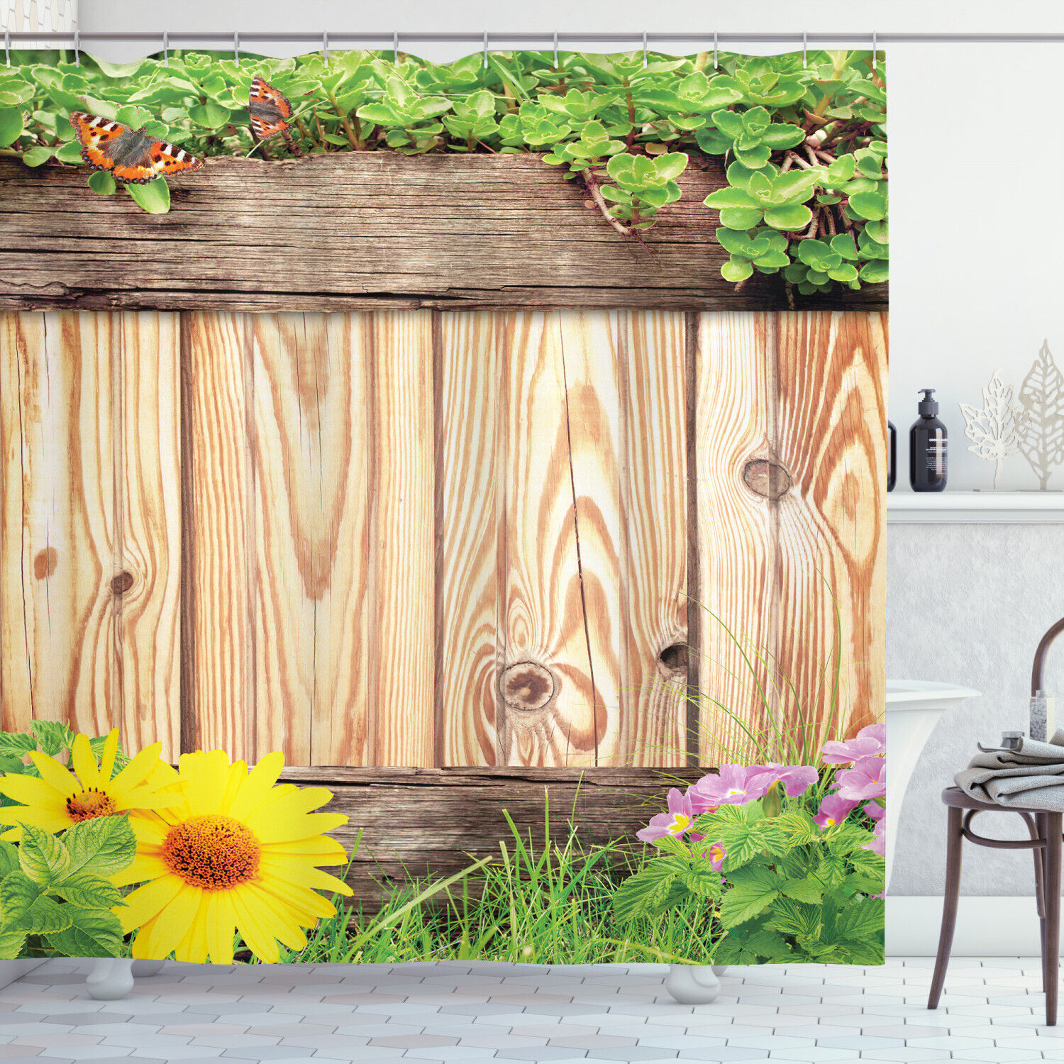 Garden Fence Butterfly Print Shower CurtainWooden Bathroom Decor for Women & Kids