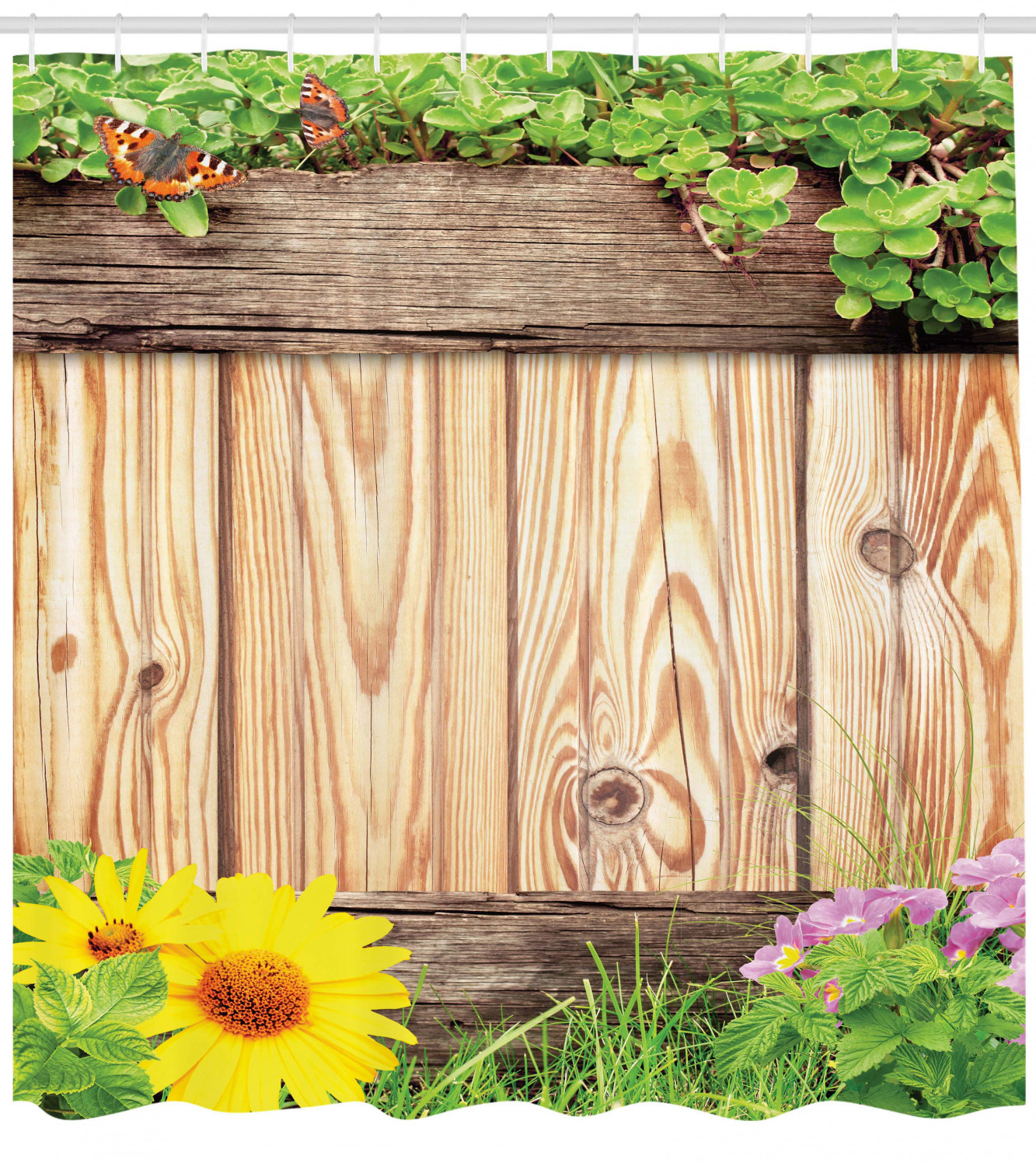 Garden Fence Butterfly Print Shower CurtainWooden Bathroom Decor for Women & Kids
